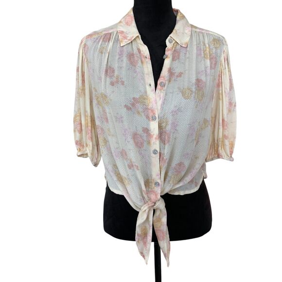 Free People Romantic Feminine‎ 100% Rayon Boho Cottagecore Puff Sleeve Blouse S - Picture 1 of 14